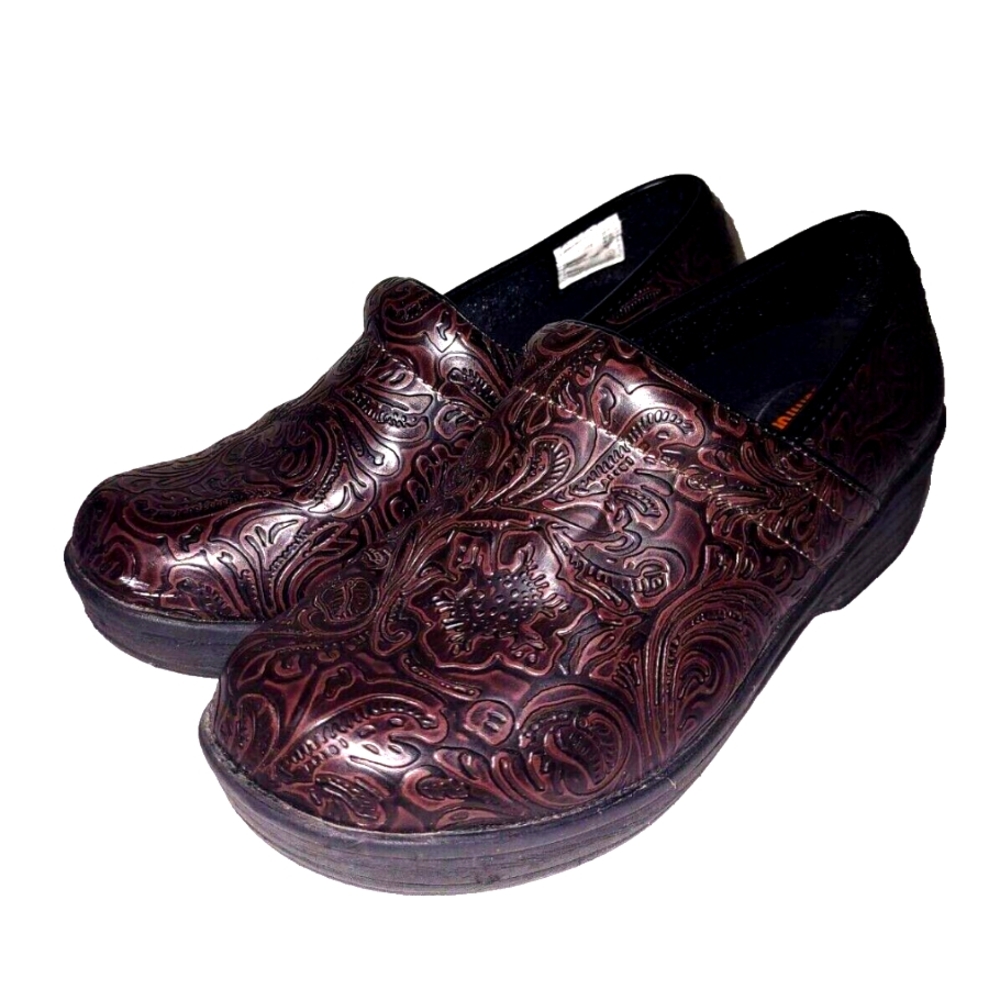 Safe T Step Comfort Clogs Brown Floral Boho Embossed Print Shoes Size 7